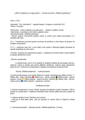 „Albă ca Zăpada șI cei șapte pitici” Metoda Inovativă „Pălăriile gânditoare” de Edward De Bono