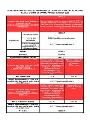 Tarifs De Participation A La Promotion De La Destination Saint-lary 25-26