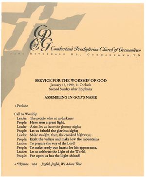 1999 Cumberland Presbyterian Church of Germantown Worship Bulletins