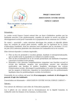 Projet Associatif Centre Social Espace Carnot Juin 2024