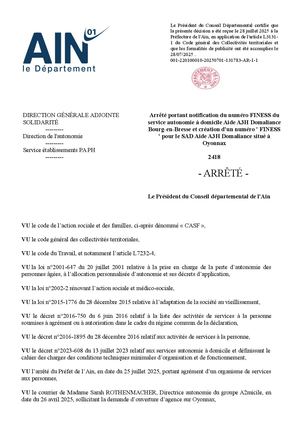 Arrêté Portant Notification Du Numéro Finess Du Service Autonomie à Domicile Aide A3h Domaliance Bourg En Bresse Et Création D'un Numéro Finess Pour Le Sad Aide A3h Domaliance Situé à Oyonnax