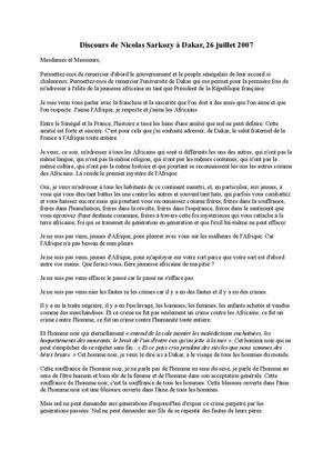 Discours de Nicolas Sarkozy à Dakar en 2007
