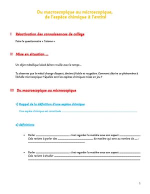 Du Macroscopique Au Microscopique, De L’espèce Chimique À L’entité Cours Élève