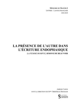 La présence de l'autre dans l'écriture endophasique : La Femme Rompue de Simone de Beauvoir