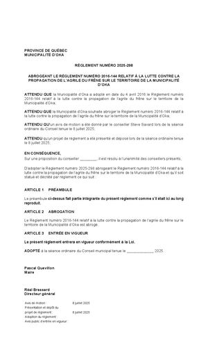 Règlement 2025-298 abrogeant le Reglèment 2016-144 relatif à la lutte contre la propagation de l'agrile du frêne sur le territoire de la Municipalité d'Oka