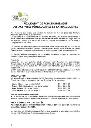 Règlement De Fonctionnement Des Activites Periscolaires Et Extrascolaires