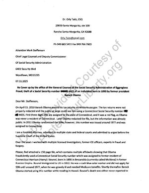 Letter From Atty Orly Taitz to SSA Chief Legal Counsel About Obama Using a Stolen SSN From CT
