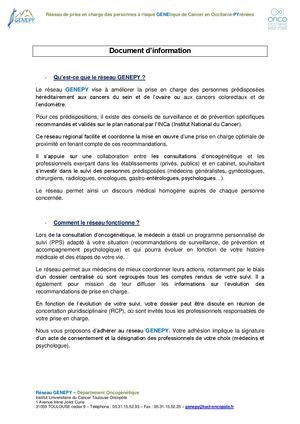 Genepy Document Information Réseau Patient