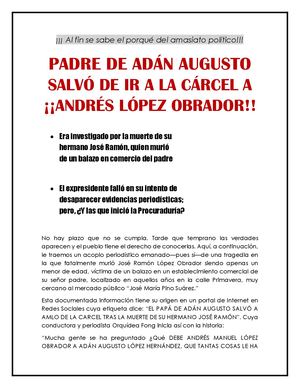 ¡¡¡ Al fin se sabe el porqué del amasiato político!!!  PADRE DE ADÁN AUGUSTO SALVÓ DE IR A LA CÁRCEL A ¡¡ANDRÉS LÓPEZ OBRADOR!!