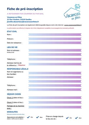 Fiche De Pré Inscription Séjour Vacances En Fêtes