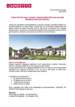 À Saint-Pol-de-Léon, Lamotte implante la résidence services séniors Belle Rive - 4 juin 2019