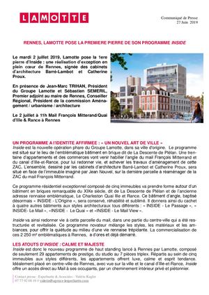 Lamotte pose la première pierre du programme Inside à Rennes - 27 juin 2019