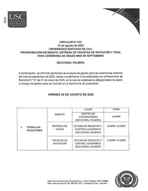 Circular 012- Programación De Ensayo, Entrega De Tarjetas Y Togas (Seccional Palmira).
