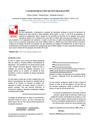 CALOR DE REACCIÓN DE NEUTRALIZACIÓN INFORME QUÍMICA GENERAL - CIENCIAS Mauricio Caicedo Laboratorio 2023 Universidad del valle