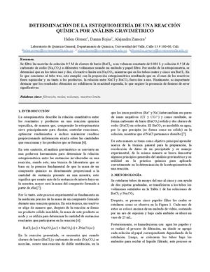 DETERMINACIÓN DE LA ESTEQUIOMETRÍA DE UNA REACCIÓN QUÍMICA POR ANÁLISIS GRAVIMÉTRICO Informe 2 QUÍMICA GENERAL - CIENCIAS Mauricio Caicedo Laboratorio 2023, profesor teoría Alejandro Ortiz Universidad del valle