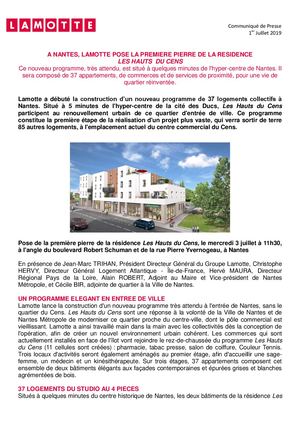 Lamotte pose la première pierre de la résidence Les Hauts du Cens à Nantes - 1er juillet 2019