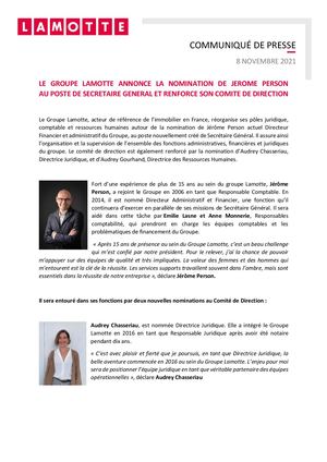 Lamotte annonce la nomination de Jérôme Person au poste de Secrétaire général - 8 novembre 2021