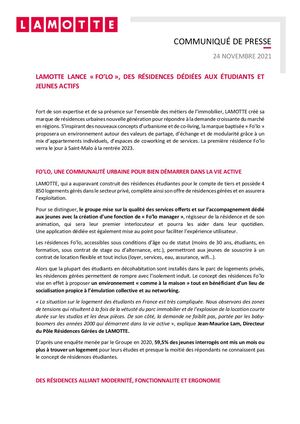 Lamotte lance “Fo'lo”, des résidentes dédiées aux étudiants et jeunes actifs - 24 novembre 2021