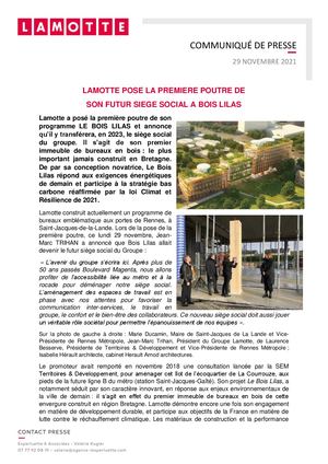 Lamotte pose la première poutre de son futur siège social Bois Lilas à Rennes - 29 novembre 2021