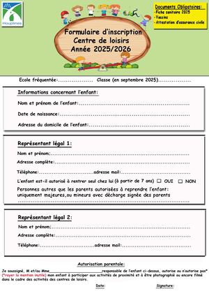 Formulaire Recto Verso Centre De Loisirs 2025 2026