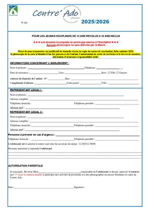 Formulaire Centre Ado 2025 2026 Recto Verso