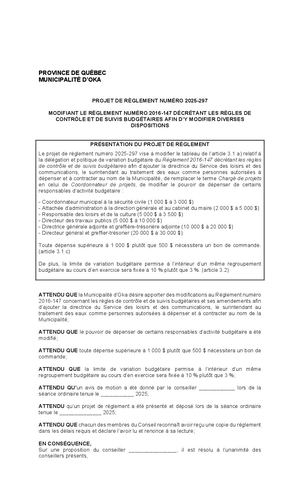 Projet de règlement 2025 297 Modifiant Le Règlement 2016 147 Contrôle Et Suivis Budgétaires