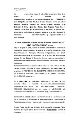 Modelo De Acta De Asamblea Aumento De Capital Y Cambio De Dirección