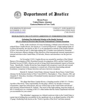 Canales Rivera Ms 13 Arrest Press Release