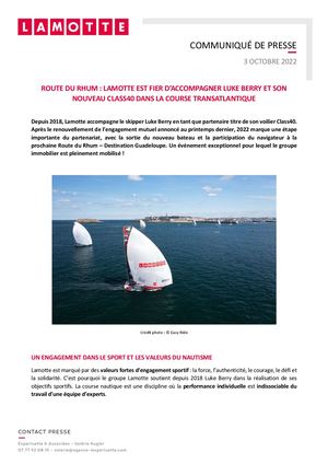 Lamotte est fier d’accompagner Luke Berry et son nouveau Class40 pour la Route du Rhum - 3 octobre 2022