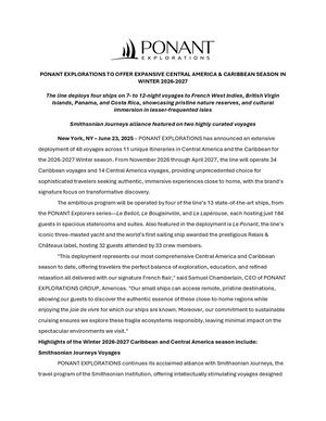 PONANT EXPLORATIONS To Offer Expansive Central America & Caribbean Season In Winter 2026 2027