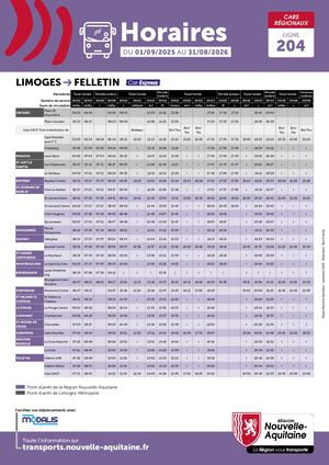 Ligne 204 - Fiche Horaire Cars Régionaux Felletin-Aubusson-Limoges