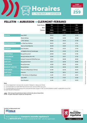 Ligne 259 - Fiche Horaire Cars Régionaux Felletin-Aubusson-Clermont Ferrand