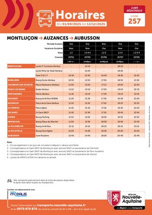 Ligne 257 - Fiche Horaire Cars Régionaux Aubusson-Auzance-Montluçon
