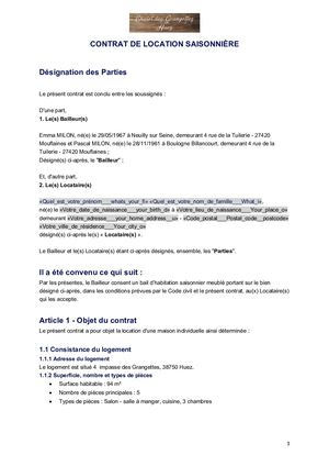 Modèle Contrat Location Chalet Des Grangettes