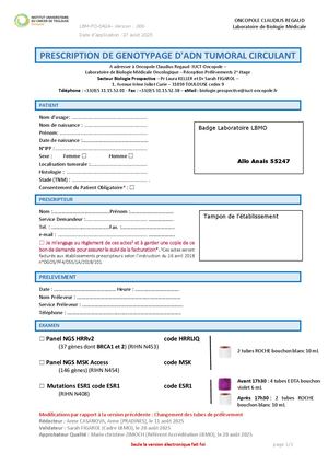 Prescription de génotypage d'ADN tumoral circulant : Mutations ESR1 ou Mutation BRCA1-BRCA2 HRRliq ou Large panel d'altérations Pan Cancer MSK Access