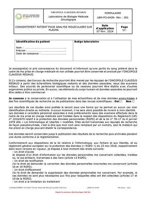 Consentement génotypage d'ADN tumoral circulant : Mutations ESR1