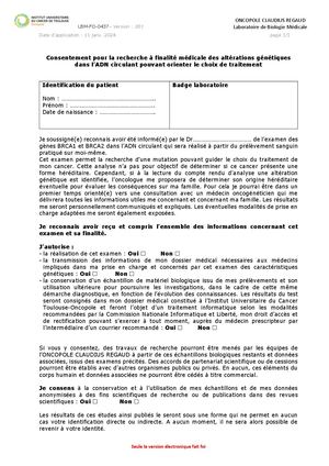 Consentement génotypage d'ADN tumoral circulant :  Mutation BRCA1-BRCA2 HRRliq