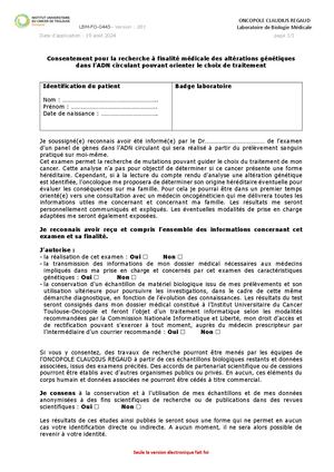 Consentement génotypage d'ADN tumoral circulant : Large panel d'altérations Pan Cancer MSK Access