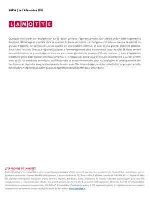 L’agence Lamotte déménage à Toulouse et s’installe quartier du Palais de Justice - 13 décembre 2023