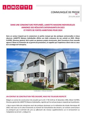 Lamotte Maisons Individuelles annonce des résultats satisfaisants en 2023 - 24 juin 2024