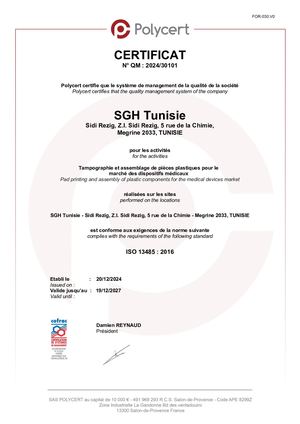 Certificat Iso 13485 Sgh Tunisie 2024 2027