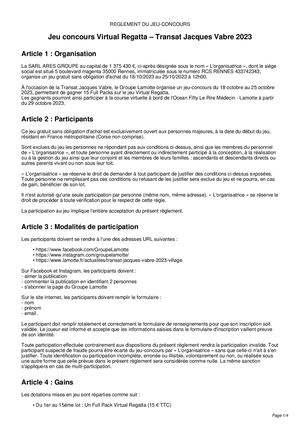 Règlement - Jeu concours Transat Jacques Vabre 2023
