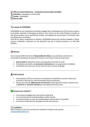 Annonce Pour Alternance Pôle Vente Coopimmo 94