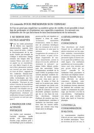 Pleine Vie Hors Série 15 Conseils POUR PRÉSERVER SON CERVEAU 15092025