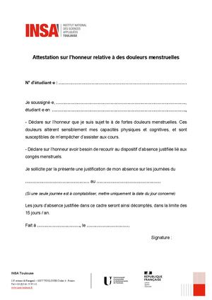 Attestation sur l'honneur - Congé menstruel