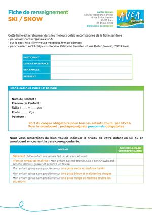 Fiche De Renseignement Ski Snow