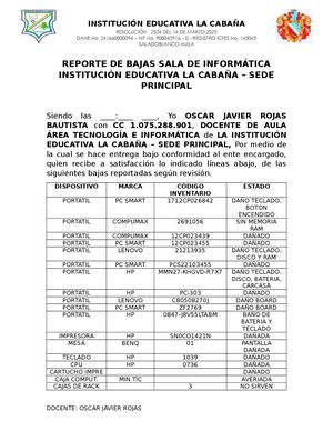 Acta De Reporte De Bajas Institucion Educativa La Cabaña Sede Principal