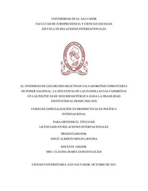 El Fenómeno De Los Grupos Delictivos Salvadoreños Como Fuerza De Poder Nacional