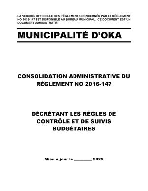 Consolidation Administrative Règlement 2016 147 Règles Contrôle Et Suivis Budgétaires Projet