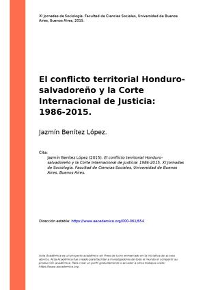 Jazmín Benítez López (2015) El Conflicto Territorial Honduro Salvadoreño Y La Corte Internacional De Justicia 1986 2015